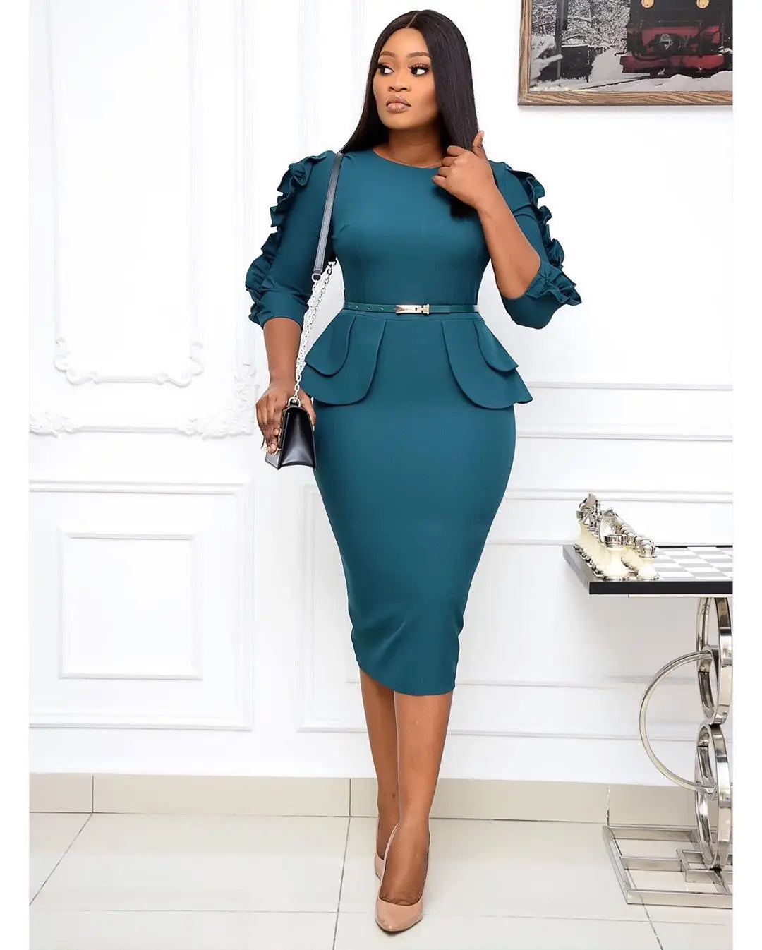 Liu Ming Autumn Fashion African Style Women Solid Color Formal Business Office Bodycon Midi Dress