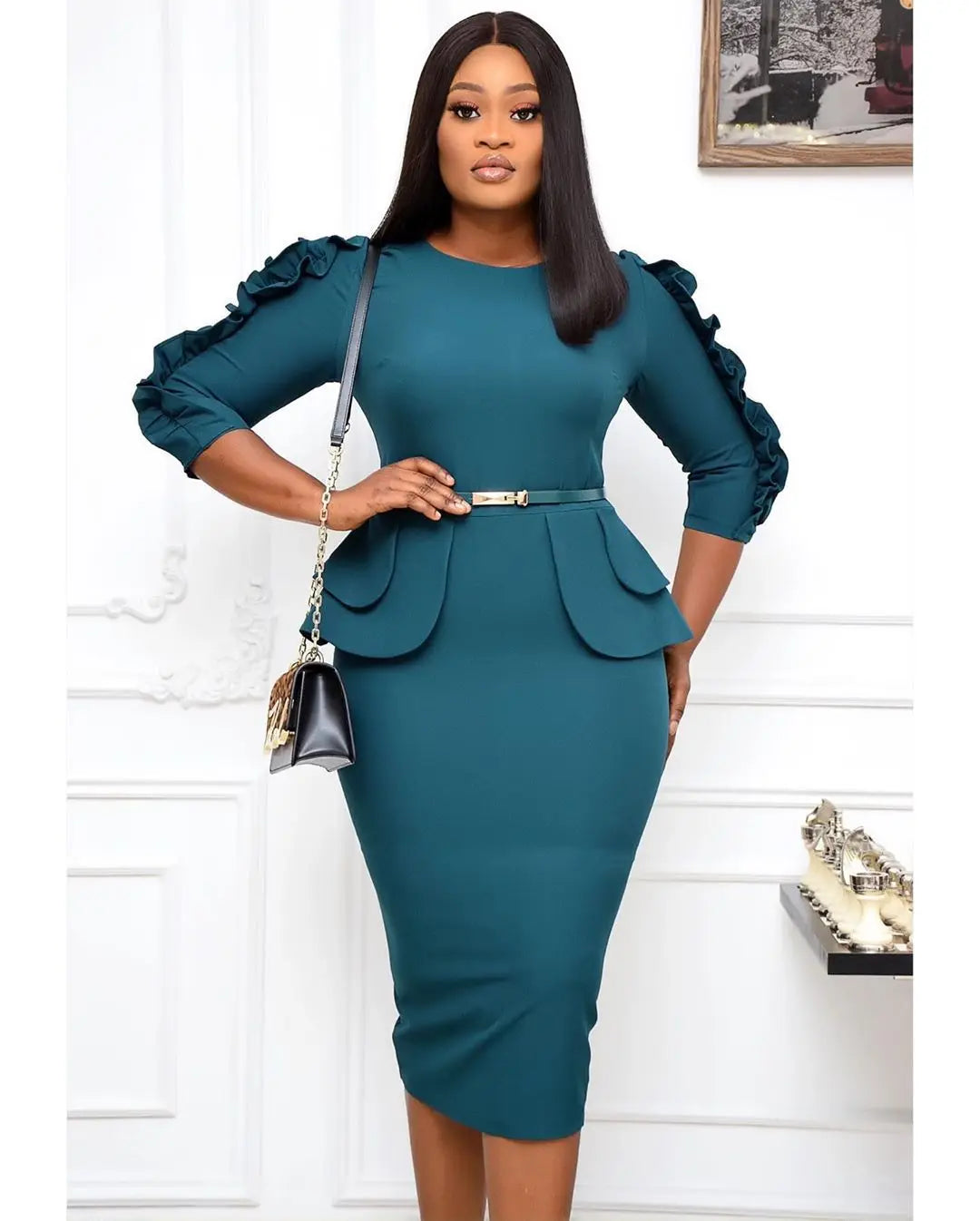 Liu Ming Autumn Fashion African Style Women Solid Color Formal Business Office Bodycon Midi Dress