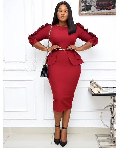Liu Ming Autumn Fashion African Style Women Solid Color Formal Business Office Bodycon Midi Dress