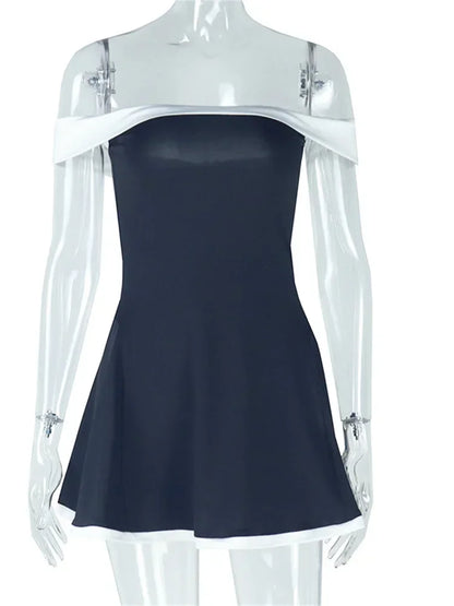 Leosoxs Black White Patchwork Dress Women 2025 Y2K Trend Slash Neck Backless Sweet Girl Chic Ruched Mini Bodycon Streetwear